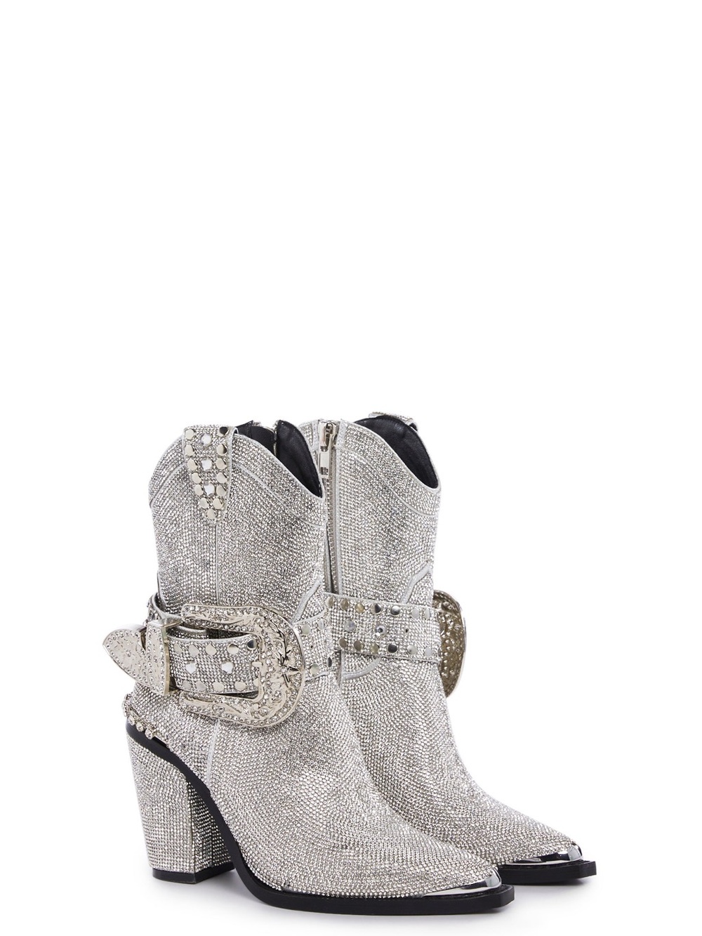 Dolls Kill Silver Crystal Western Buckle Ankle Boots